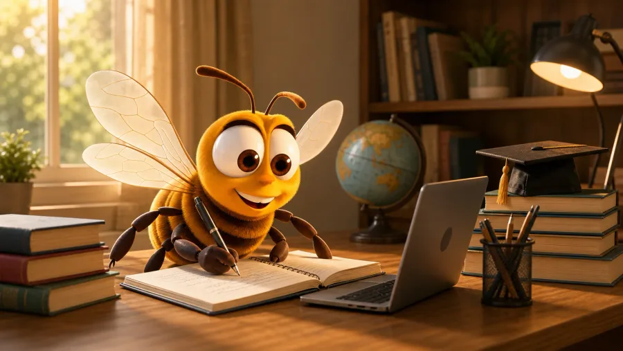 BEES character studying at a desk for a child's education goal