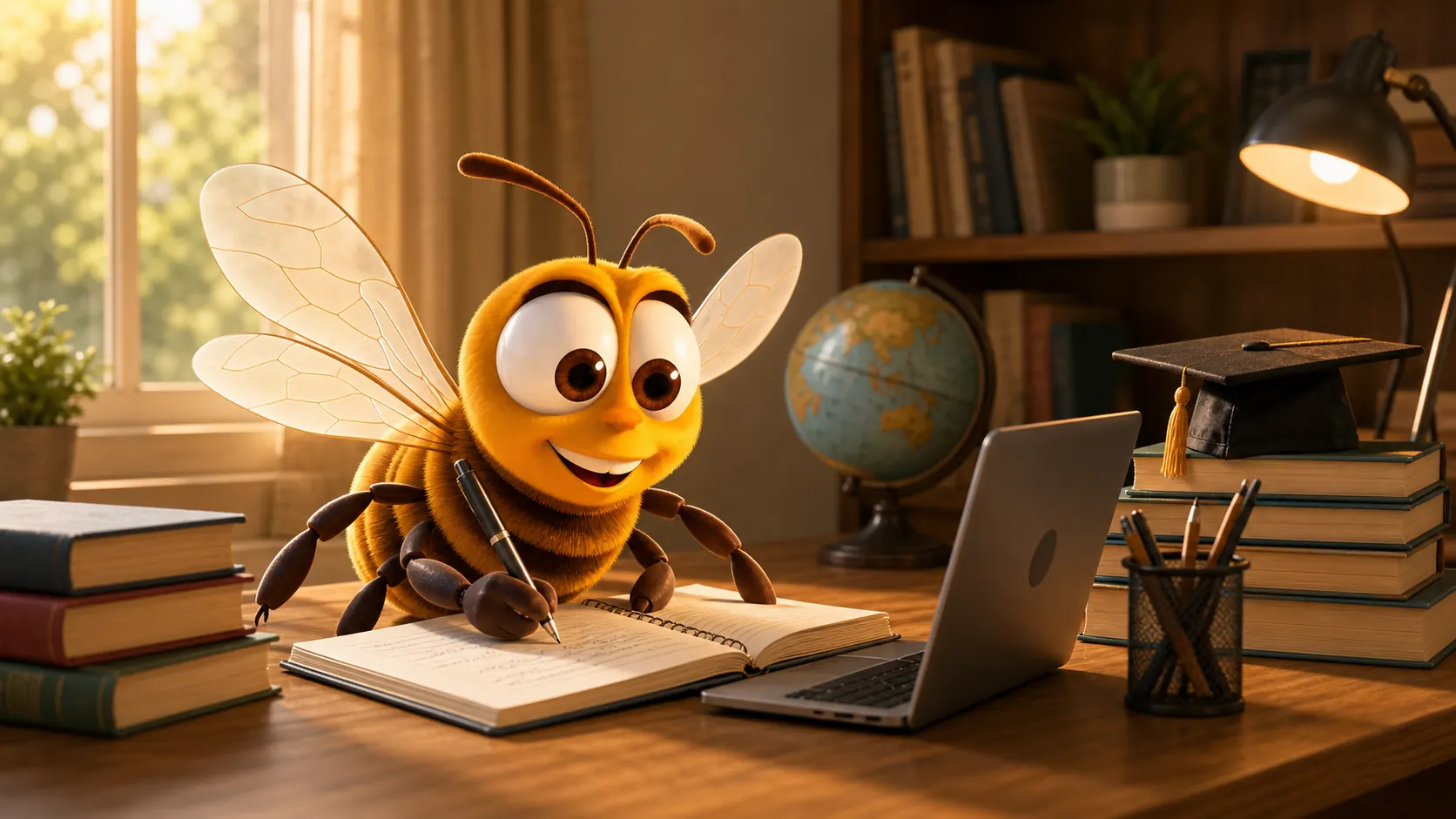 BEES character studying at a desk for a child's education goal