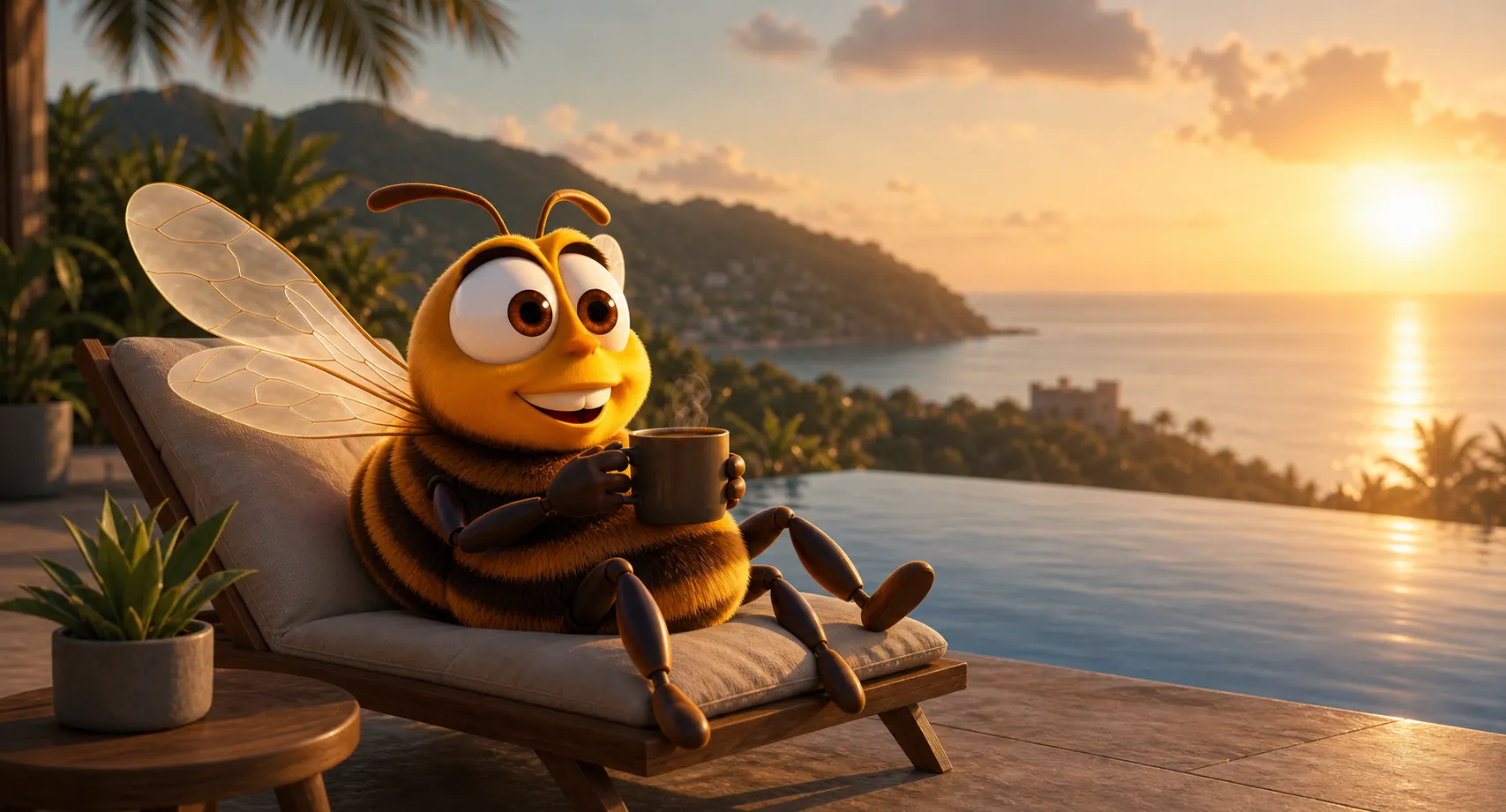 BEES character relaxing beside the sea for a retirement goal